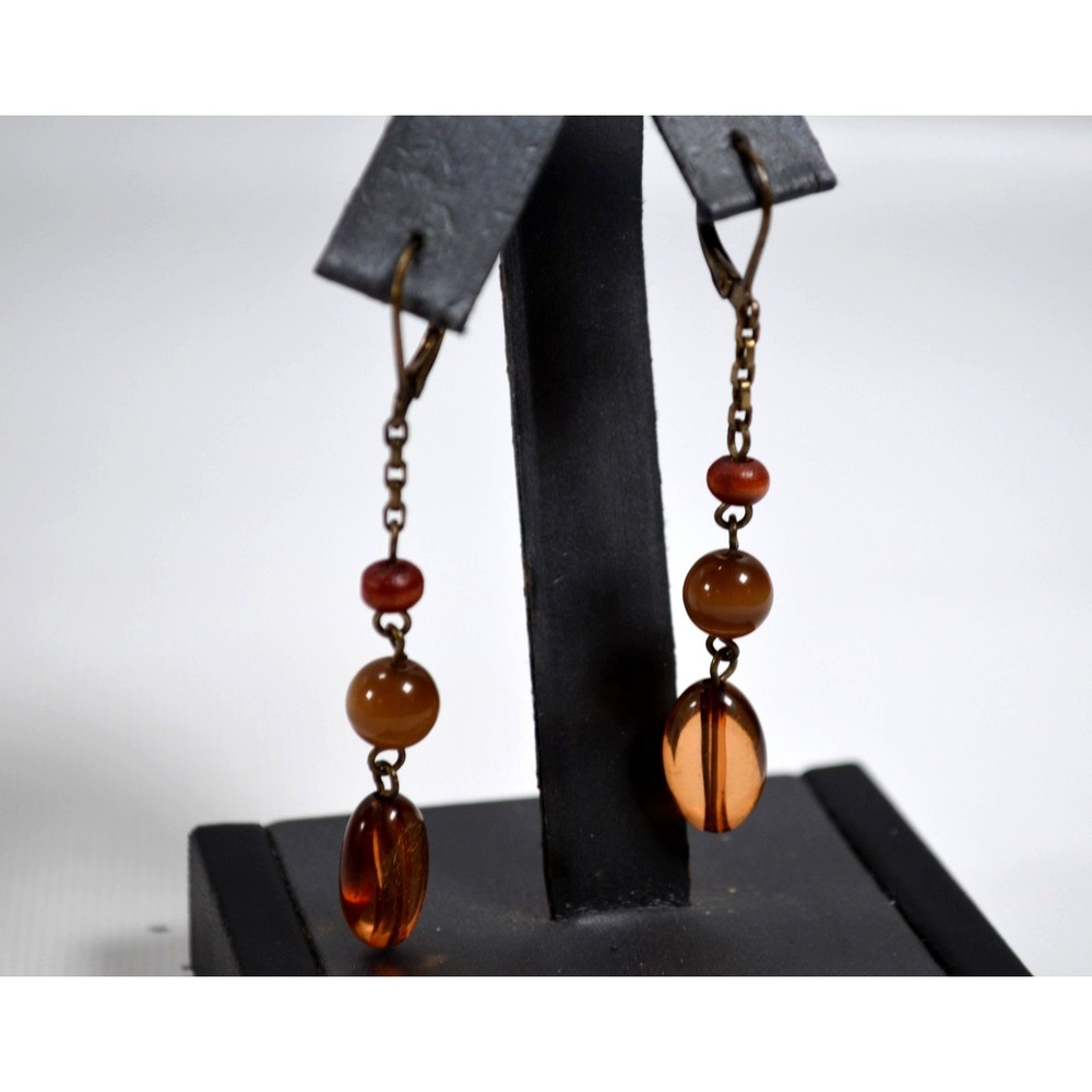Vtg Pierced Leverback Dangle Earrings 2.5" Oval Plastic Round Stone Wood Bead